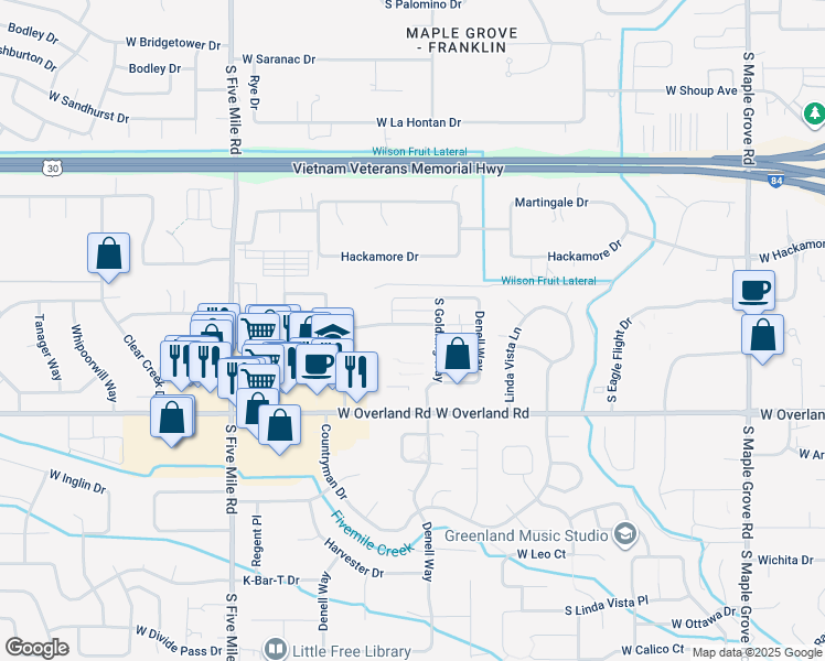 map of restaurants, bars, coffee shops, grocery stores, and more near 10030 West Smoke Ranch Drive in Boise