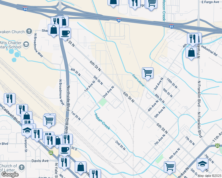 map of restaurants, bars, coffee shops, grocery stores, and more near 154 5th Street North in Nampa