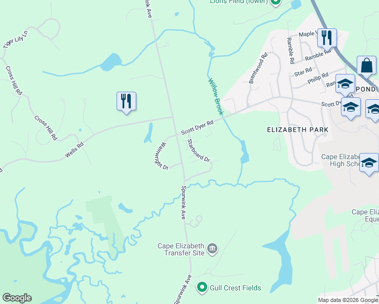 map of restaurants, bars, coffee shops, grocery stores, and more near 81 Starboard Drive in Cape Elizabeth