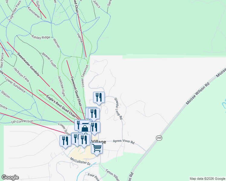 map of restaurants, bars, coffee shops, grocery stores, and more near 255-299 Lower Granite Ridge Road in Teton Village