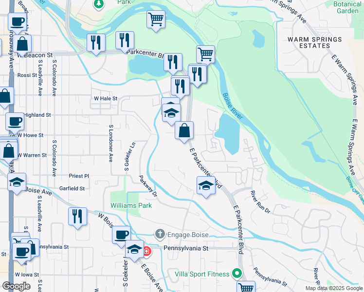 map of restaurants, bars, coffee shops, grocery stores, and more near 501 East Parkcenter Boulevard in Boise