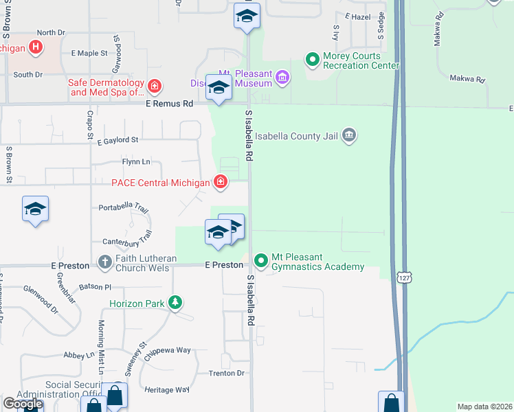 map of restaurants, bars, coffee shops, grocery stores, and more near 3265 South Isabella Road in Mount Pleasant