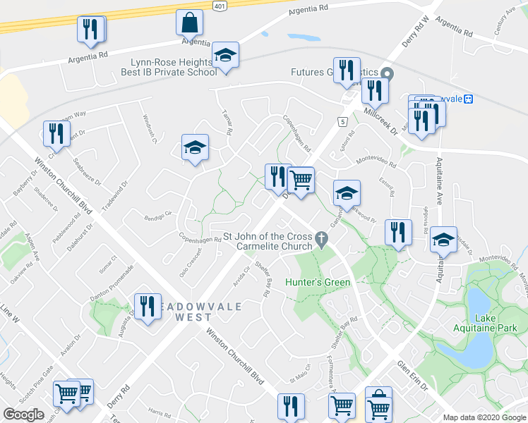 map of restaurants, bars, coffee shops, grocery stores, and more near 2331 Derry Road West in Mississauga