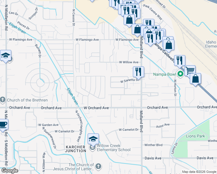 map of restaurants, bars, coffee shops, grocery stores, and more near 919 North Scottish Street in Nampa