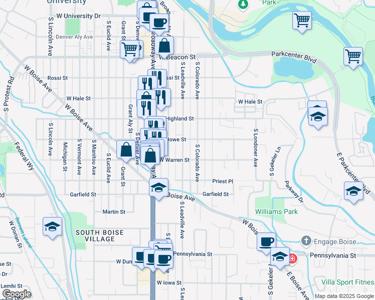 map of restaurants, bars, coffee shops, grocery stores, and more near 1607 South Colorado Avenue in Boise
