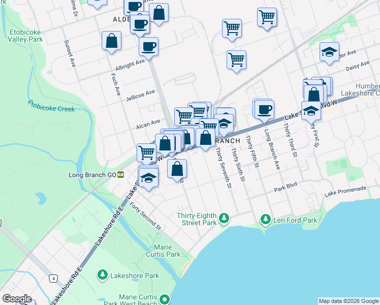 map of restaurants, bars, coffee shops, grocery stores, and more near 105 Thirty Ninth Street in Toronto
