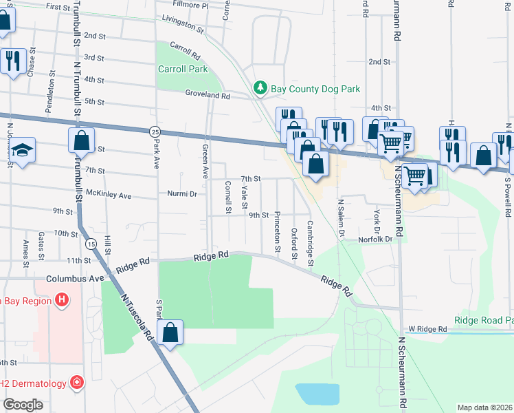 map of restaurants, bars, coffee shops, grocery stores, and more near 409 Harvard Street in Bay City