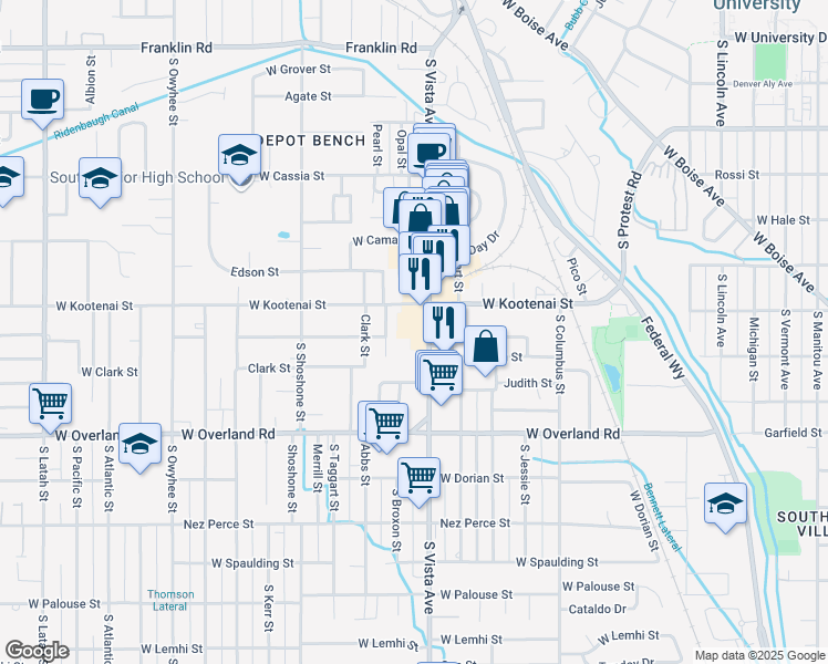map of restaurants, bars, coffee shops, grocery stores, and more near 1201 South Vista Avenue in Boise