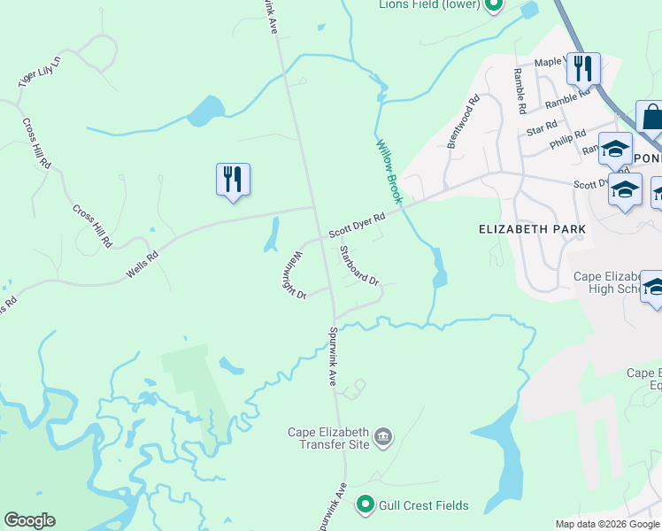map of restaurants, bars, coffee shops, grocery stores, and more near 81 Starboard Drive in Cape Elizabeth