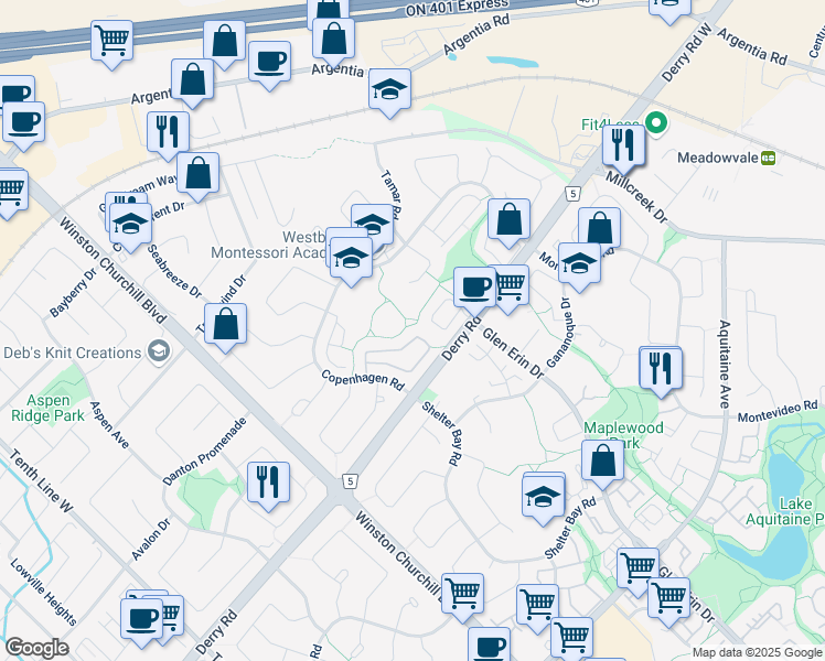 map of restaurants, bars, coffee shops, grocery stores, and more near 7205 Copenhagen Road in Mississauga