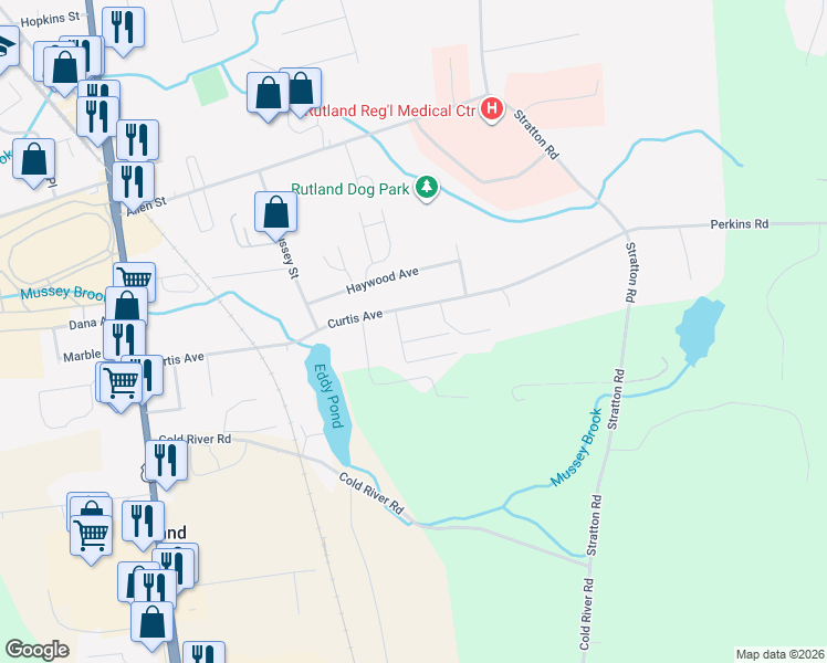 map of restaurants, bars, coffee shops, grocery stores, and more near 116 Curtis Avenue in Rutland