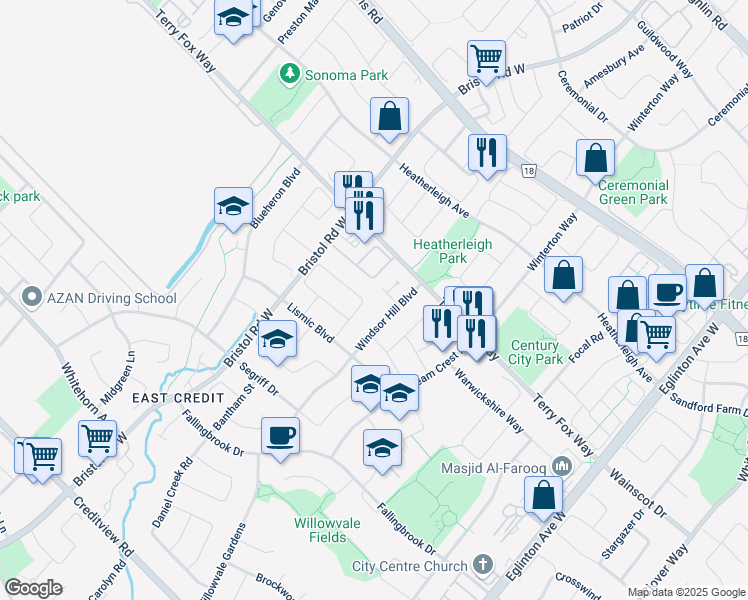map of restaurants, bars, coffee shops, grocery stores, and more near 5323 Bullrush Drive in Mississauga