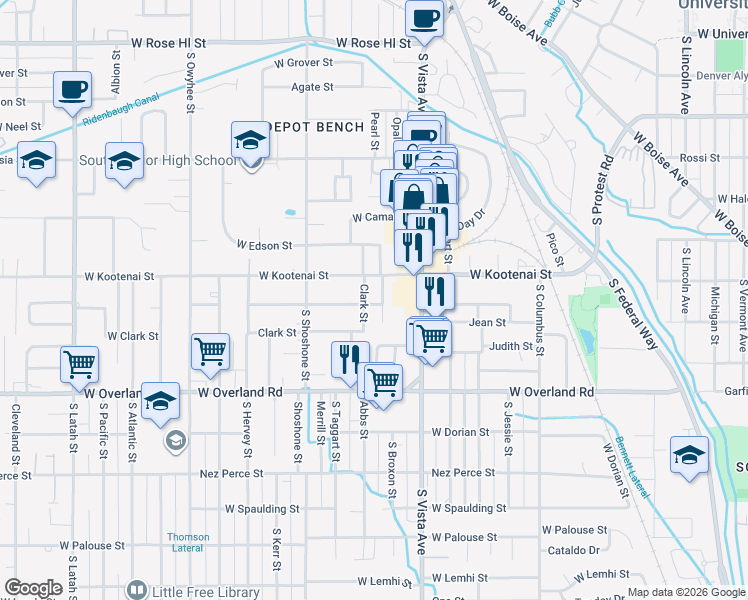 map of restaurants, bars, coffee shops, grocery stores, and more near 1205 South Broxon Street in Boise