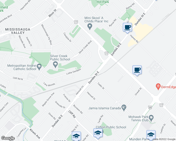 map of restaurants, bars, coffee shops, grocery stores, and more near 590 Lolita Gardens in Mississauga