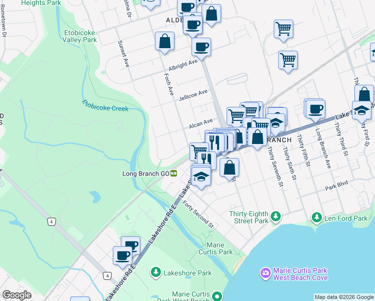 map of restaurants, bars, coffee shops, grocery stores, and more near 2 Foch Avenue in Toronto