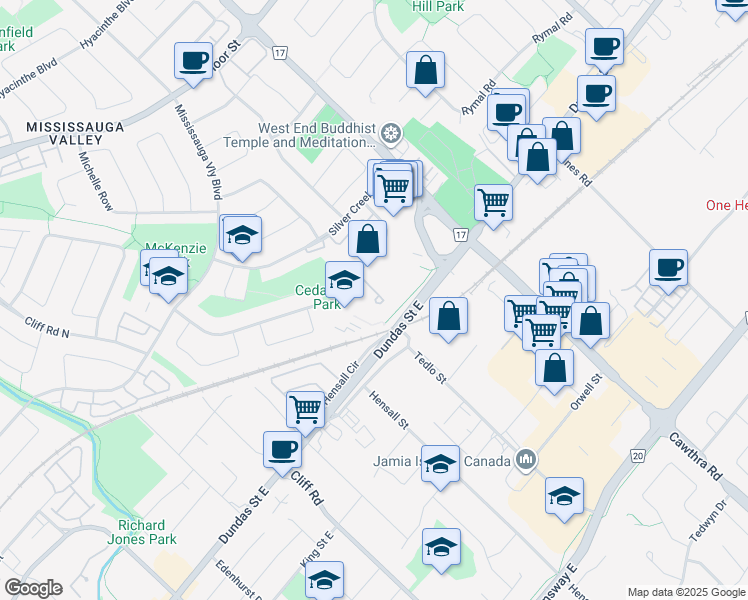 map of restaurants, bars, coffee shops, grocery stores, and more near 570 Lolita Gardens in Mississauga