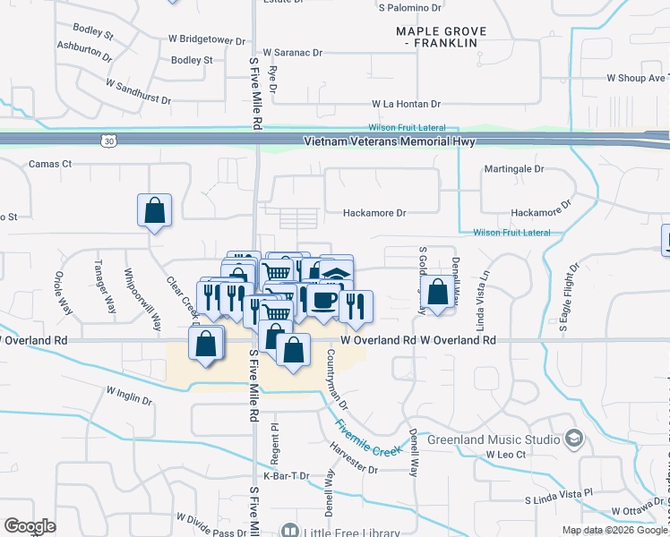 map of restaurants, bars, coffee shops, grocery stores, and more near 10030 West Smoke Ranch Drive in Boise