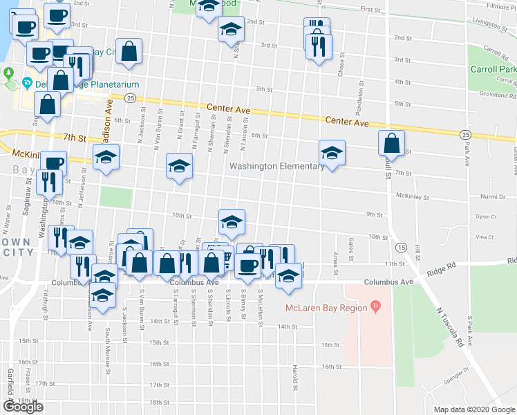 map of restaurants, bars, coffee shops, grocery stores, and more near 321 North Birney Street in Bay City