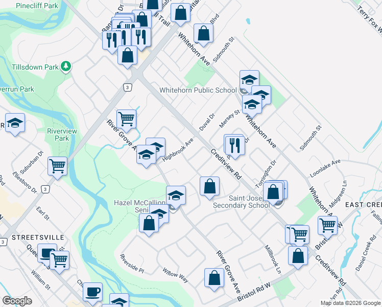 map of restaurants, bars, coffee shops, grocery stores, and more near in Mississauga