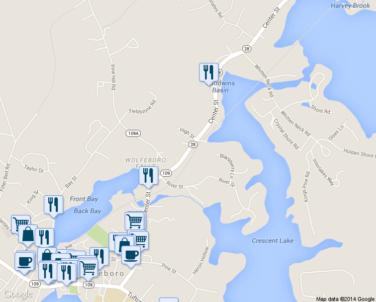 map of restaurants, bars, coffee shops, grocery stores, and more near 304 Center Street in Wolfeboro