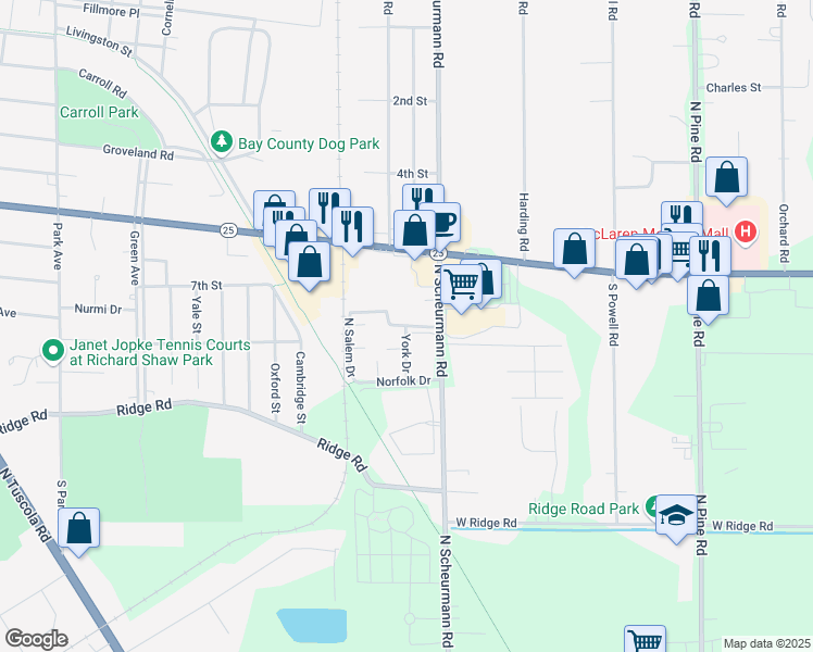map of restaurants, bars, coffee shops, grocery stores, and more near 1774 West Eastbay Parkway in Essexville