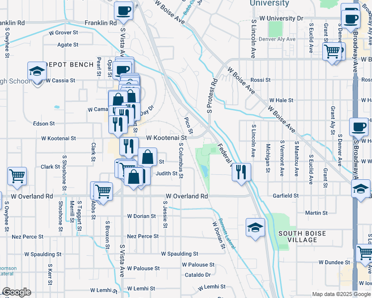 map of restaurants, bars, coffee shops, grocery stores, and more near 1234 South Columbus Street in Boise