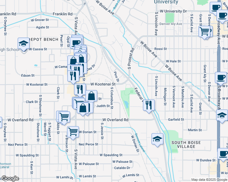 map of restaurants, bars, coffee shops, grocery stores, and more near 1234 South Columbus Street in Boise