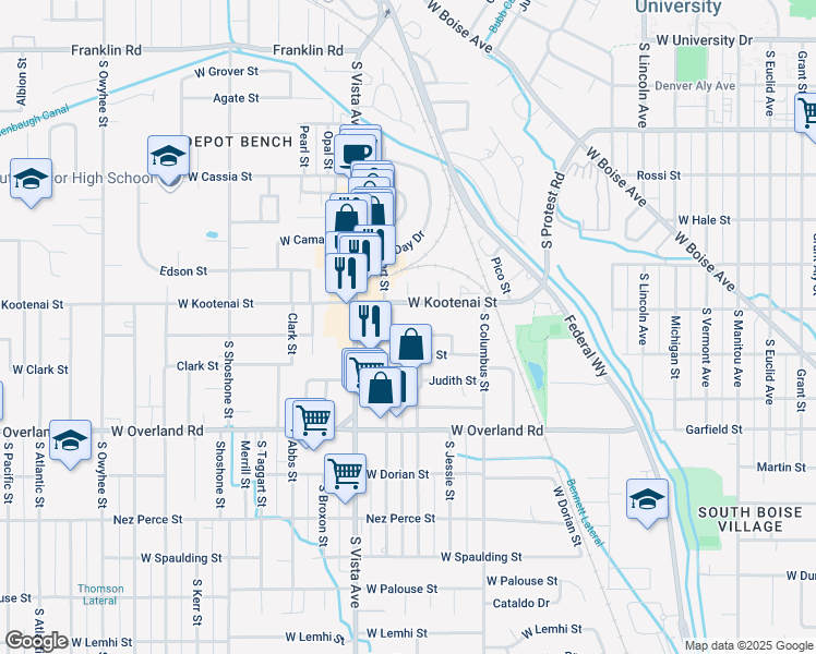 map of restaurants, bars, coffee shops, grocery stores, and more near 2317 1/2 West Kootenai Street in Boise