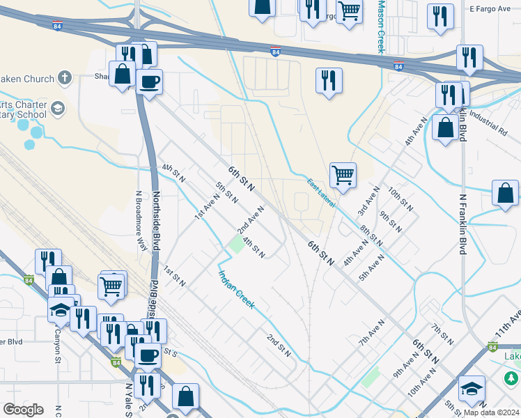 map of restaurants, bars, coffee shops, grocery stores, and more near 205 6th Street North in Nampa