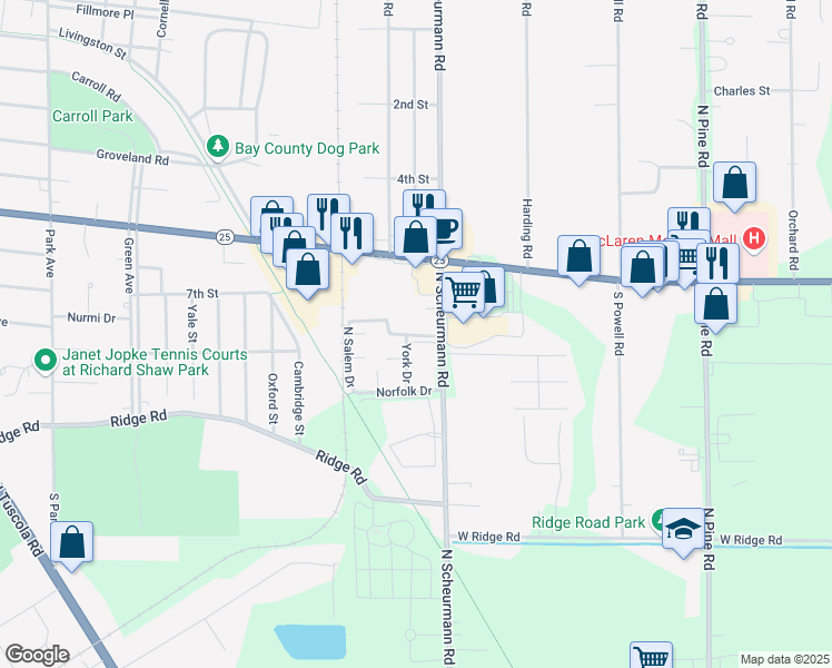 map of restaurants, bars, coffee shops, grocery stores, and more near 1700-1774 West Eastbay Parkway in Essexville