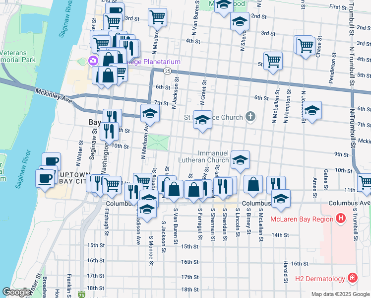 map of restaurants, bars, coffee shops, grocery stores, and more near 306 North Van Buren Street in Bay City