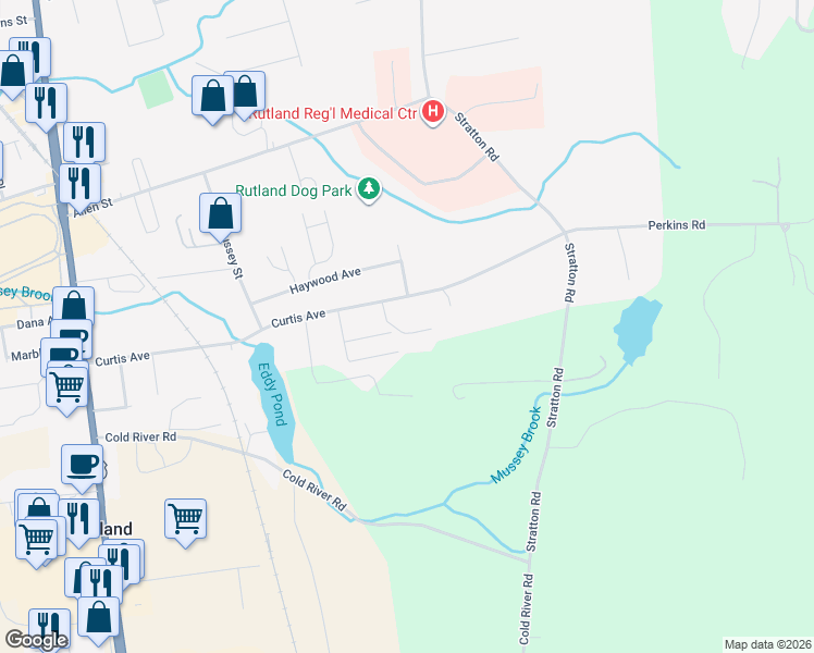 map of restaurants, bars, coffee shops, grocery stores, and more near 128 Curtis Avenue in Rutland