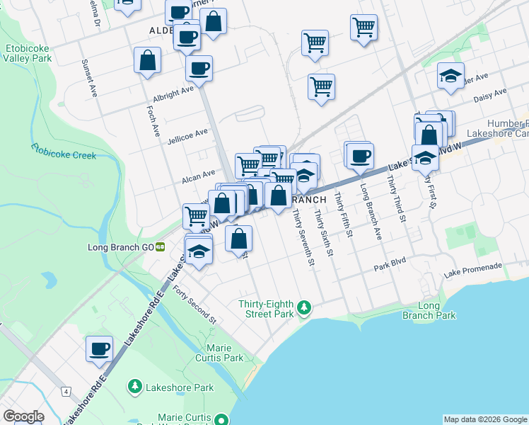 map of restaurants, bars, coffee shops, grocery stores, and more near 3735 Lake Shore Boulevard West in Toronto