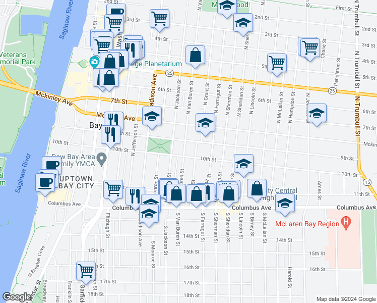 map of restaurants, bars, coffee shops, grocery stores, and more near 306 North Van Buren Street in Bay City