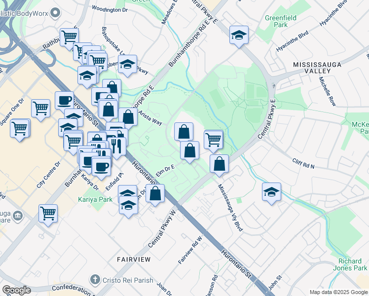 map of restaurants, bars, coffee shops, grocery stores, and more near 1547 Mississauga Valley Boulevard in Mississauga