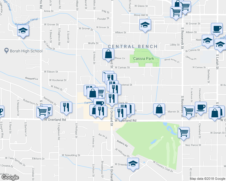 map of restaurants, bars, coffee shops, grocery stores, and more near 1250 South Orchard Street in Boise