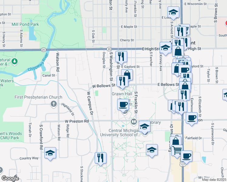 map of restaurants, bars, coffee shops, grocery stores, and more near 1115 South Washington Street in Mount Pleasant