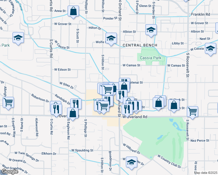 map of restaurants, bars, coffee shops, grocery stores, and more near 1245 South Security Lane in Boise
