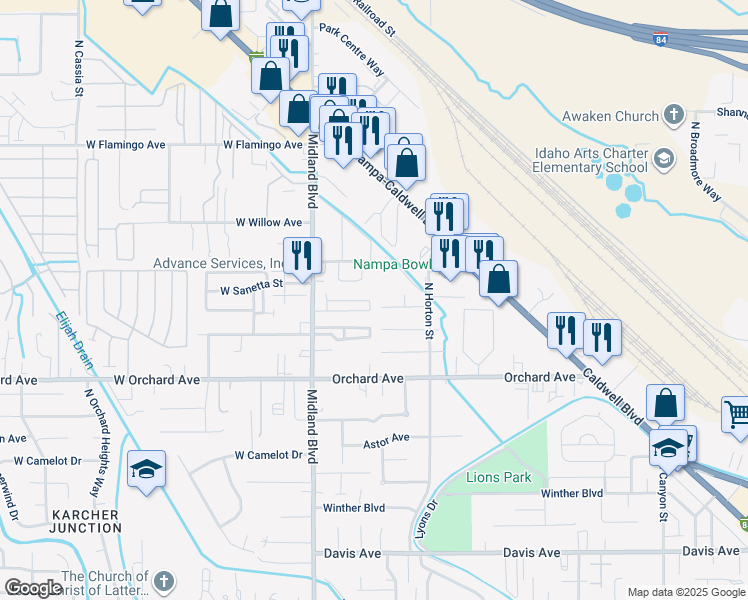 map of restaurants, bars, coffee shops, grocery stores, and more near 720 W Bridger Ave in Nampa