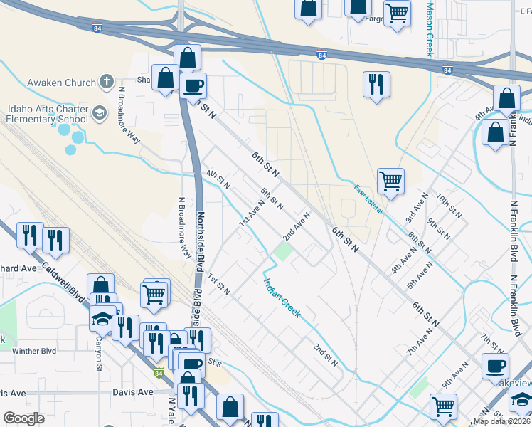 map of restaurants, bars, coffee shops, grocery stores, and more near 120 4th Street North in Nampa