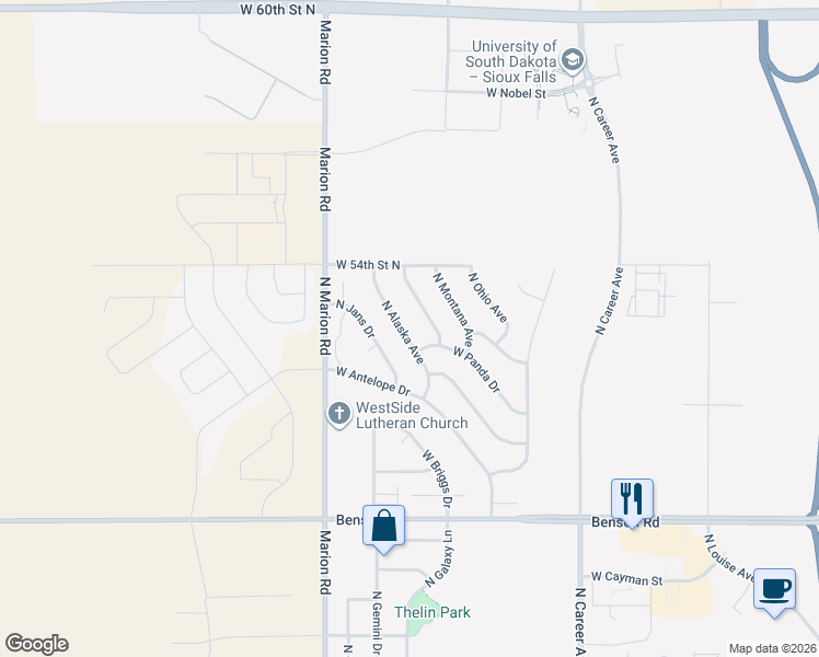 map of restaurants, bars, coffee shops, grocery stores, and more near 4212 North Alaska Avenue in Sioux Falls