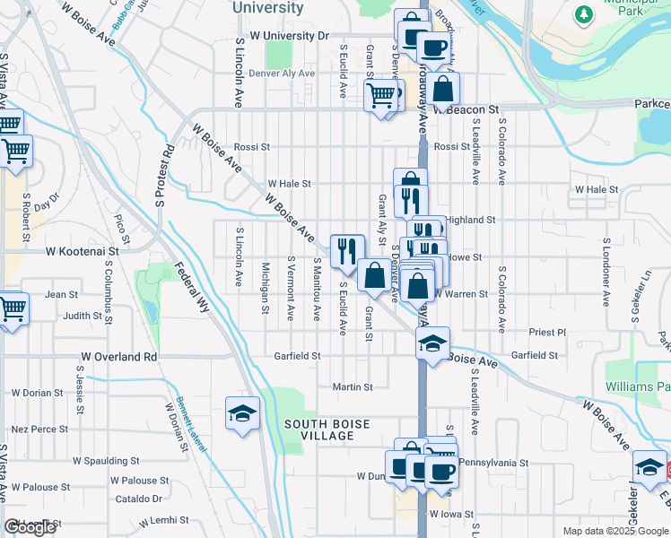 map of restaurants, bars, coffee shops, grocery stores, and more near 1601 South Euclid Avenue in Boise