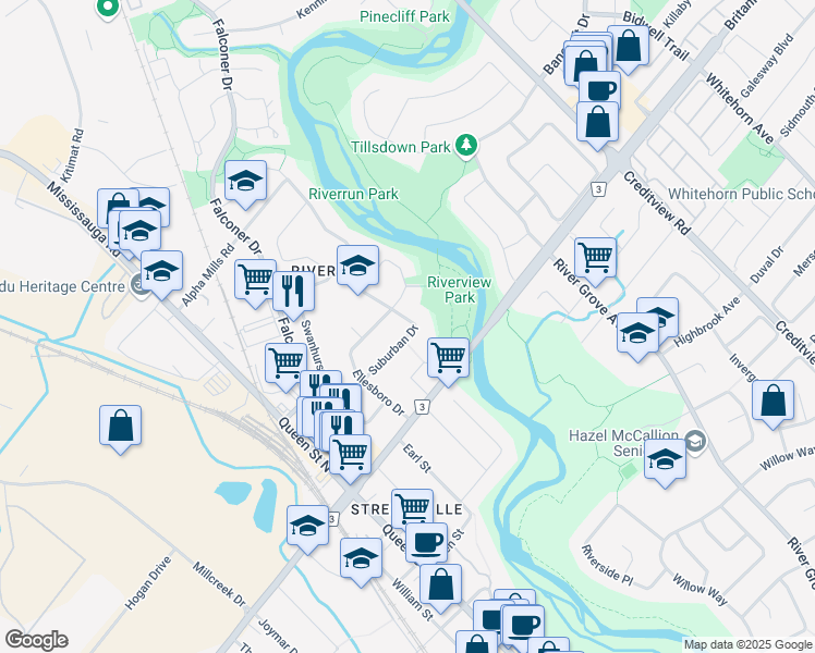 map of restaurants, bars, coffee shops, grocery stores, and more near 20 Suburban Drive in Mississauga