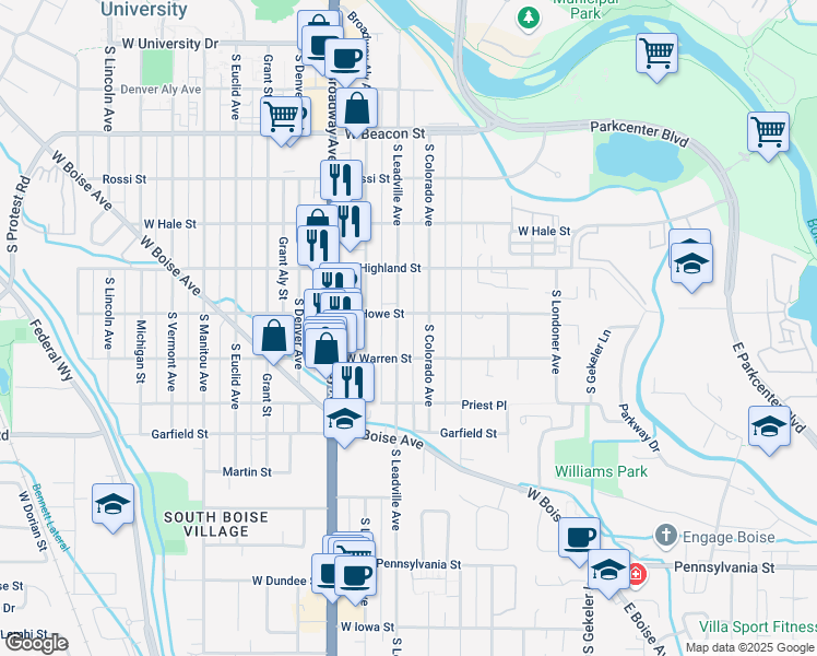 map of restaurants, bars, coffee shops, grocery stores, and more near 1607 South Colorado Avenue in Boise
