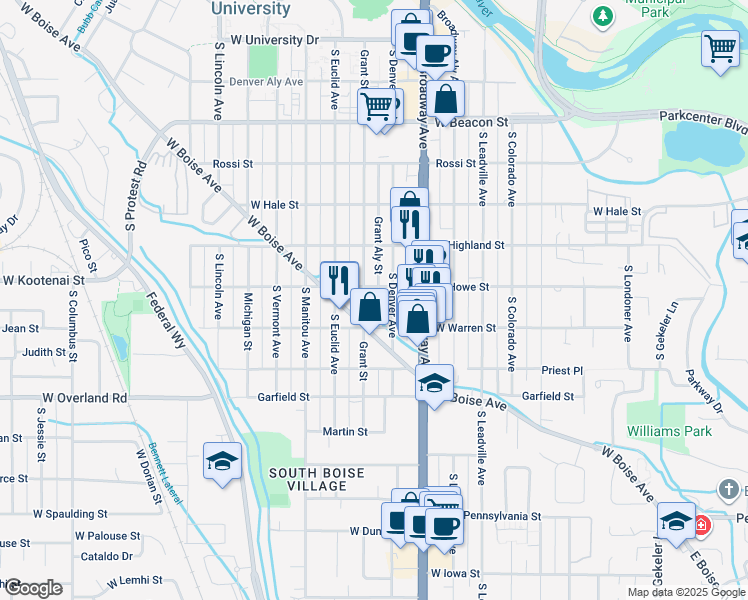 map of restaurants, bars, coffee shops, grocery stores, and more near 1618 South Grant Avenue in Boise