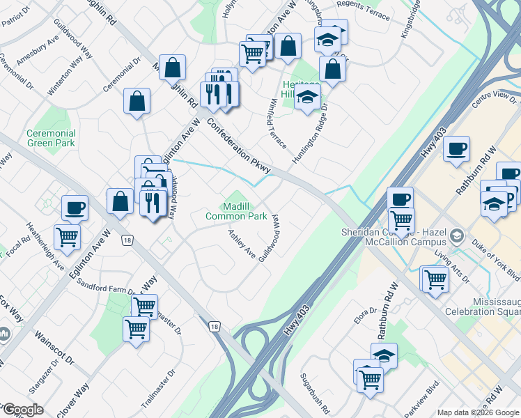 map of restaurants, bars, coffee shops, grocery stores, and more near 4304 Trail Blazer Way in Mississauga