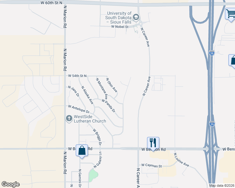 map of restaurants, bars, coffee shops, grocery stores, and more near 4221 North Ohio Avenue in Sioux Falls