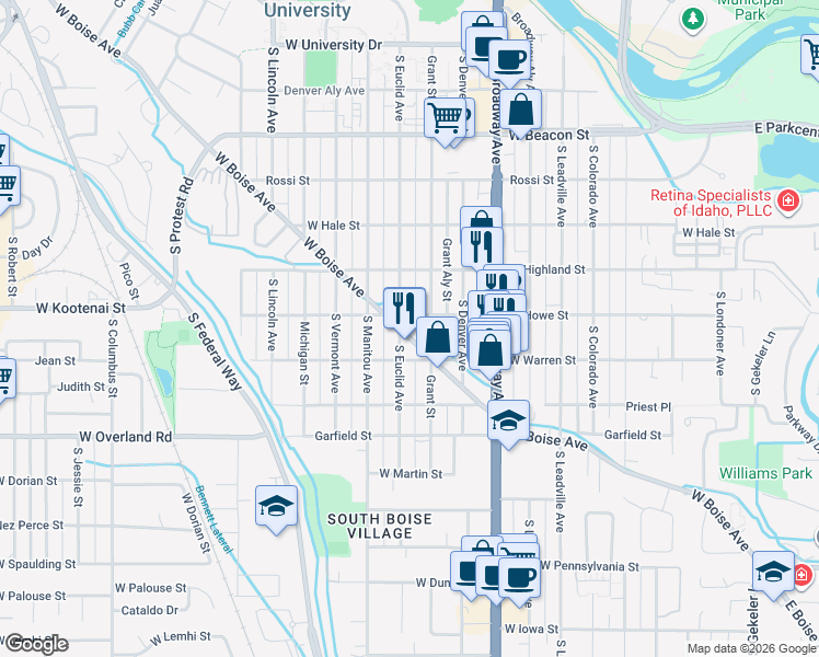 map of restaurants, bars, coffee shops, grocery stores, and more near 1601 South Euclid Avenue in Boise