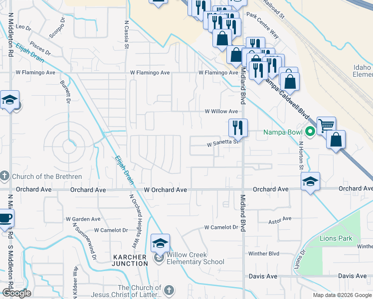 map of restaurants, bars, coffee shops, grocery stores, and more near 919 North Scottish Street in Nampa