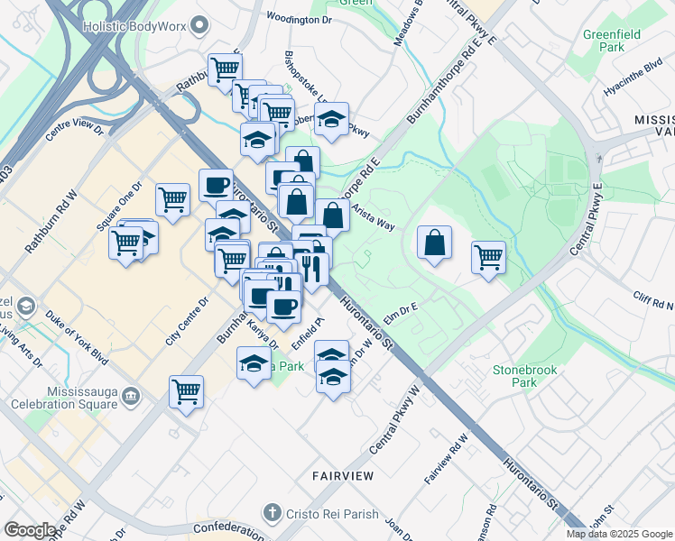 map of restaurants, bars, coffee shops, grocery stores, and more near 3620 Kaneff Crescent in Mississauga